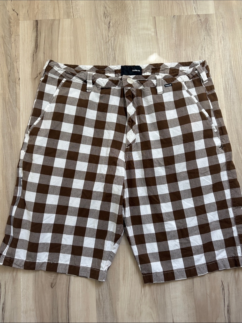 Hurley Brown & White Check Flat Front Shorts